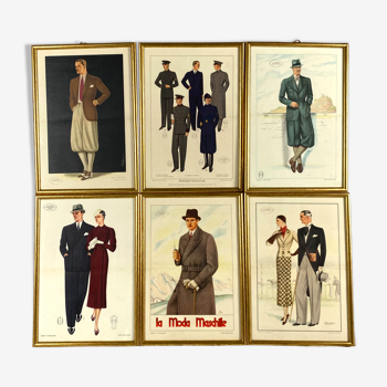 Ensemble de 6 illustrations originales encadrées de la mode masculine des années 30, Italie 1930