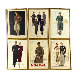 Ensemble de 6 illustrations originales encadrées de la mode masculine des années 30, Italie 1930