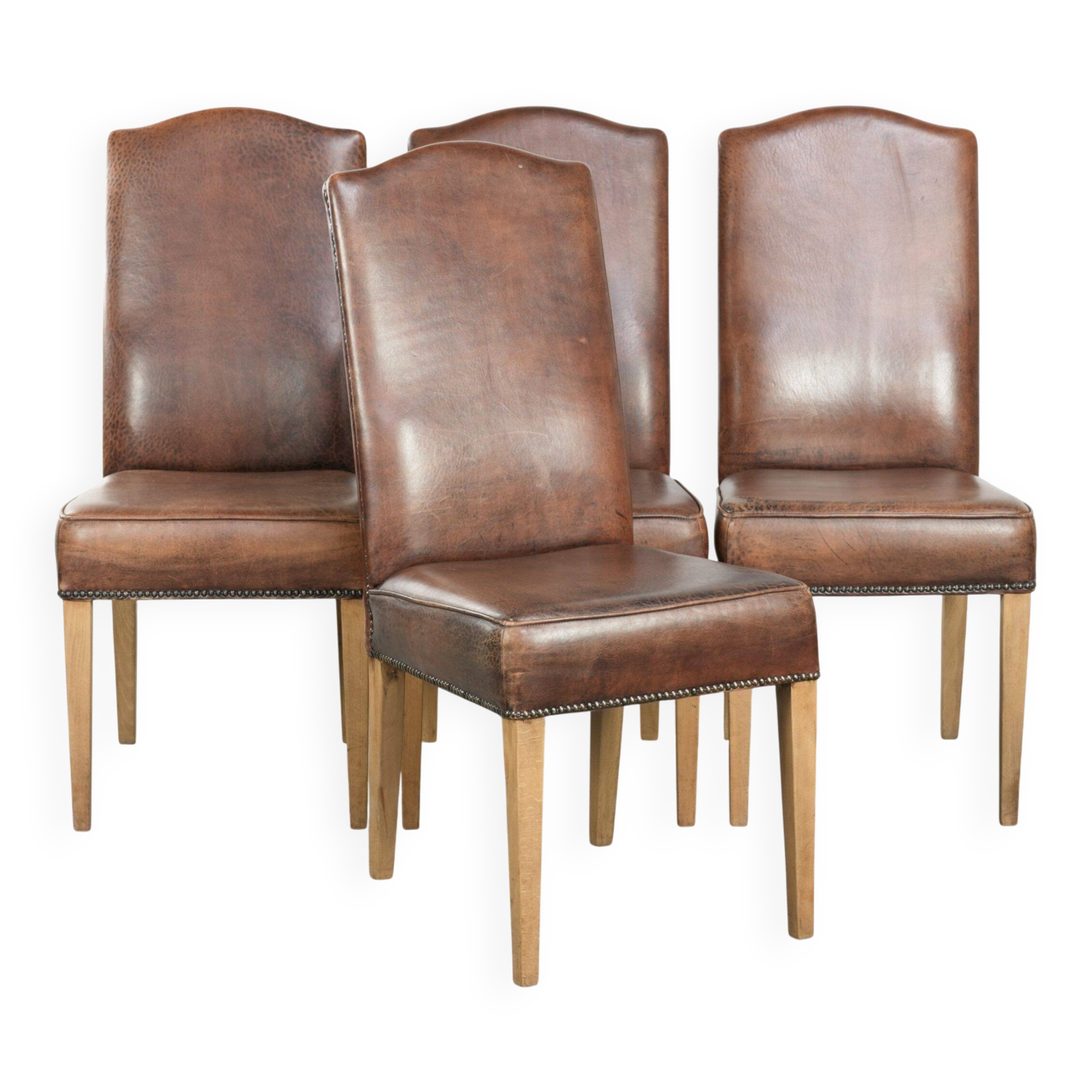 Vintage set of 4 dining chairs made of sheepskin leather with a high back
