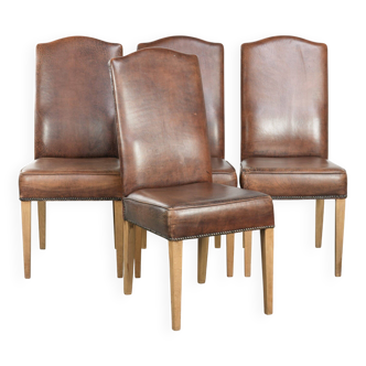 Vintage set of 4 dining chairs made of sheepskin leather with a high back