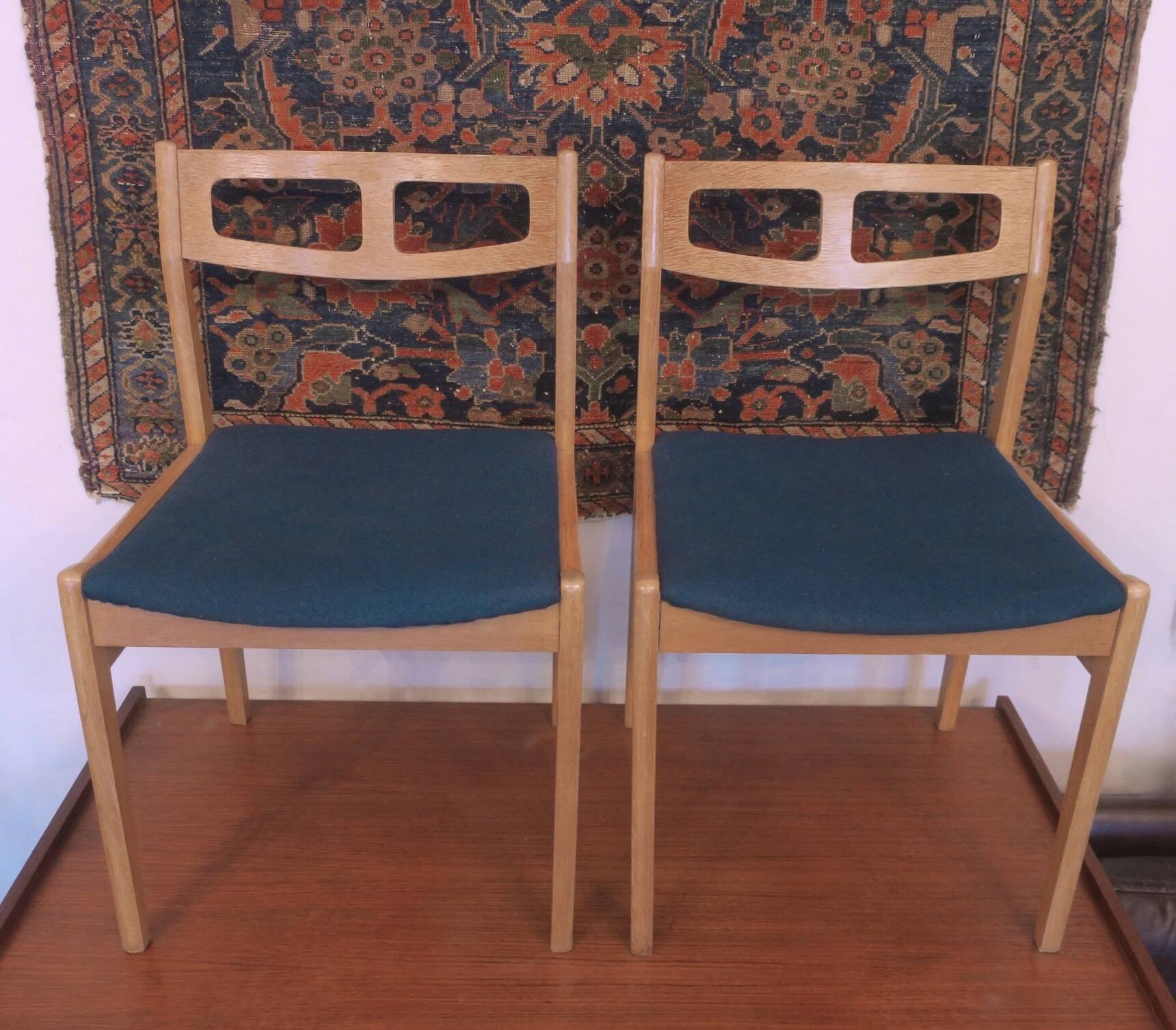 Set of Danish oak dining chairs with petrol blue covers, 1960s