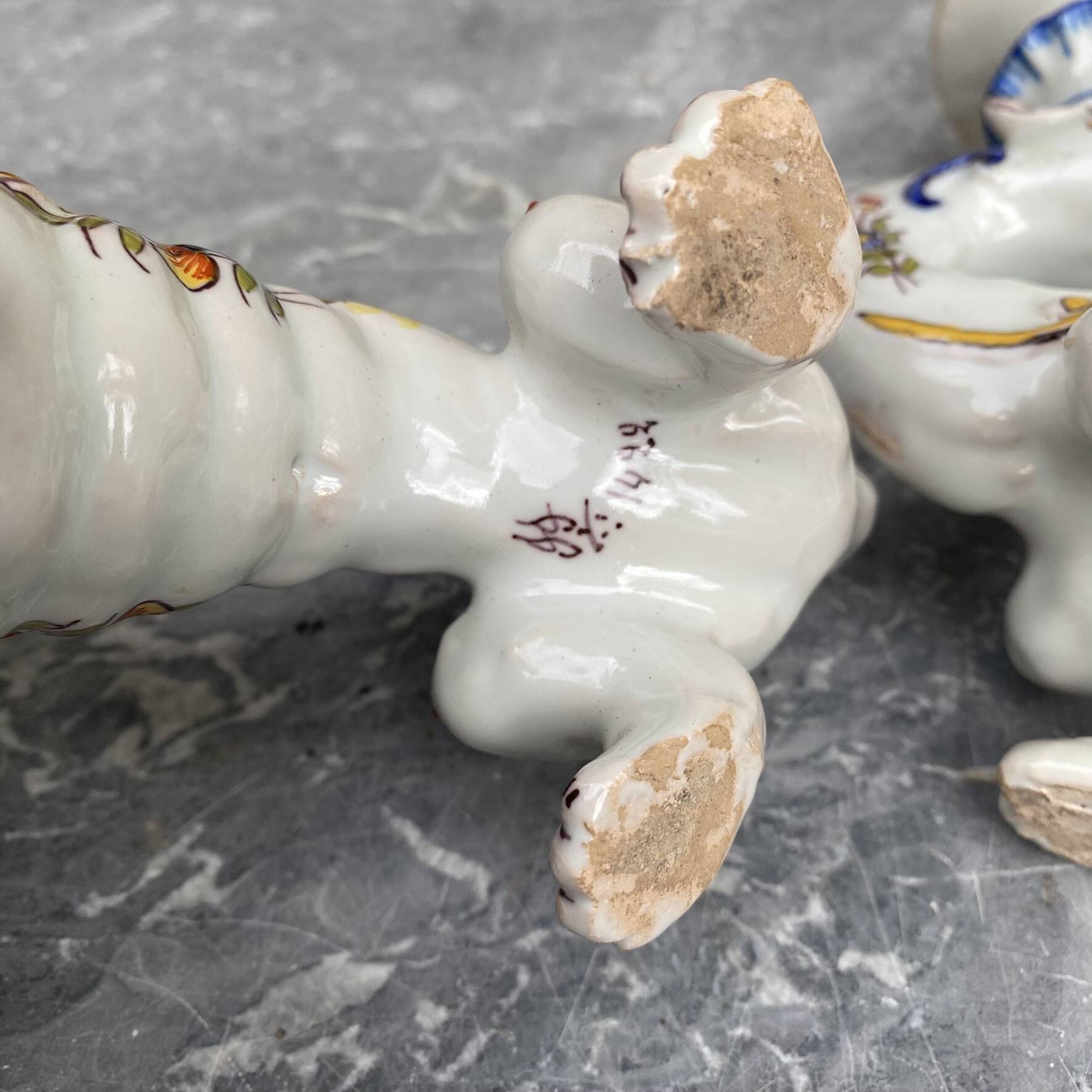 Pair of dragon candlesticks in Desvres earthenware, Rouen