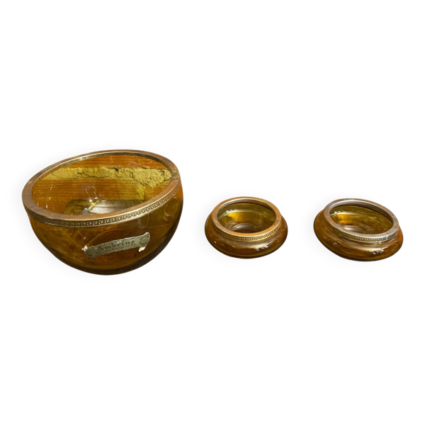 Saladier +  2 Bols Anciens AMBRINE Verre Ambré + Monture Bronze Or Vin