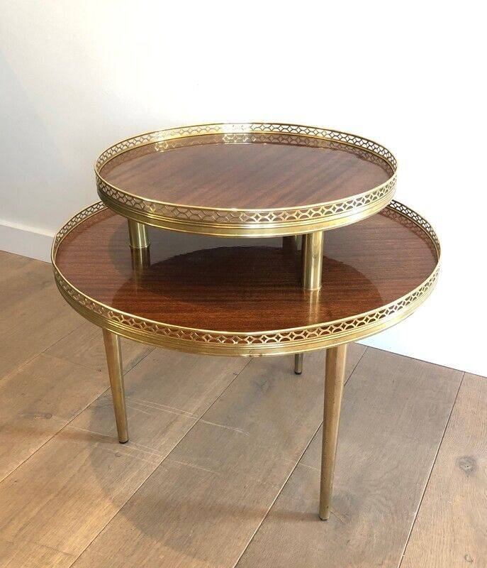 Tripod gueridon in neoclassical style made of mahogany, brass, and a golden metal base.