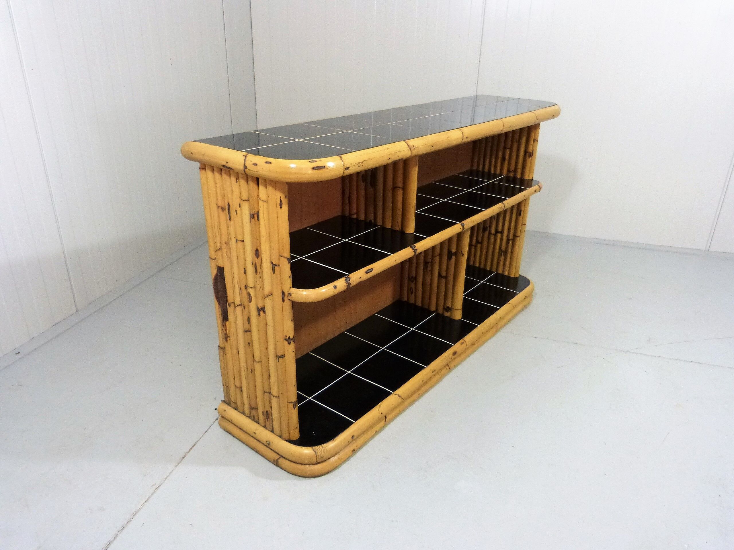 Bamboo rack with black tiles bookcase 1950
