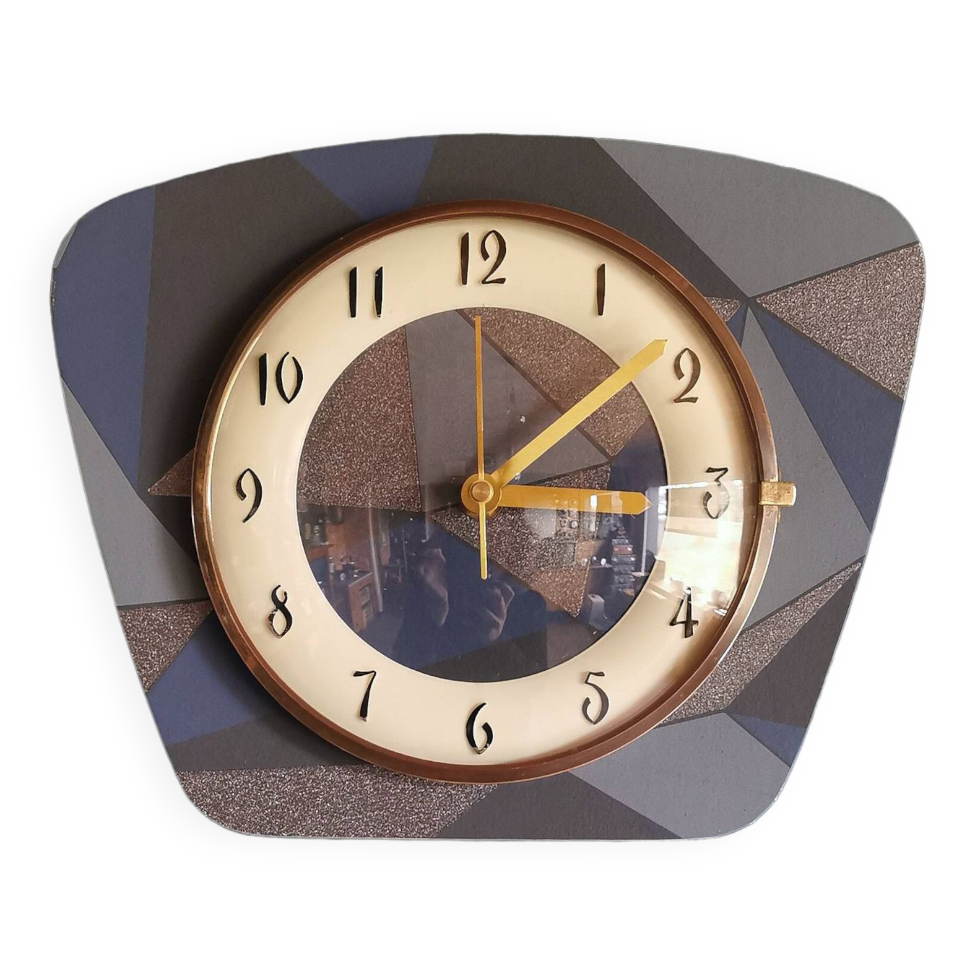 Vintage formica clock silent trapeze wall pendulum "Grey blue"