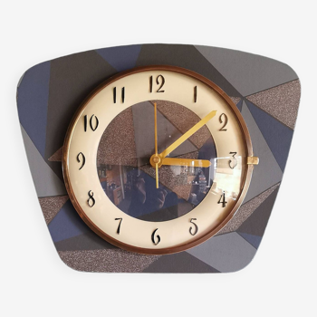 Horloge formica vintage pendule murale silencieuse trapèze "Bleu gris"