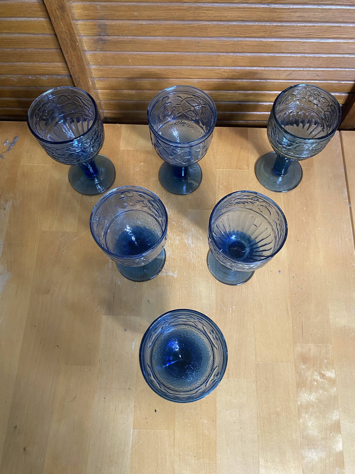 Set of 6 Blue Moulded Glass Goblets with Fruit Decor Vintage 1960s
