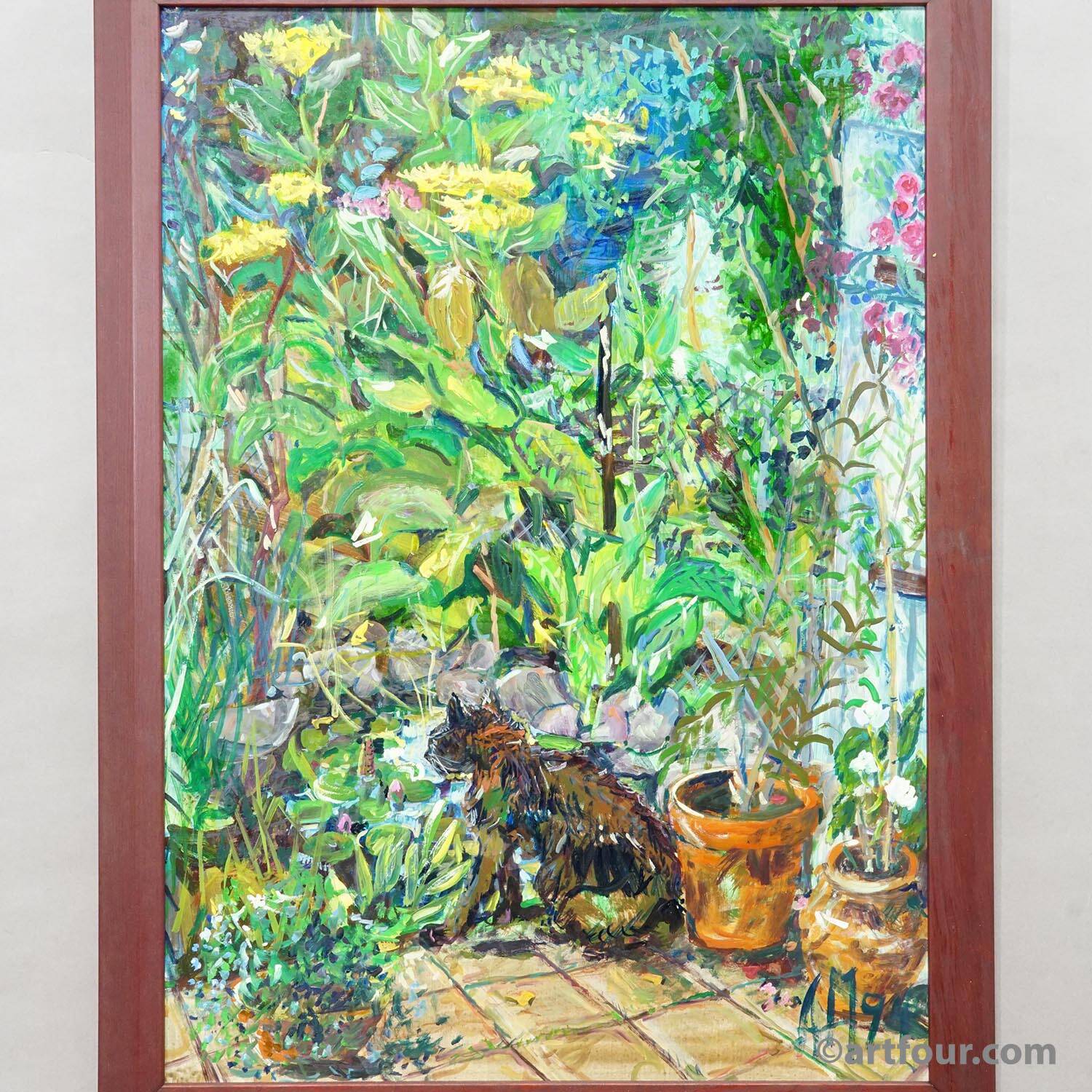Vintage impressionist oil painting of a garden, Alexander Michael 1994.