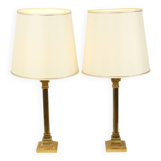 Pair of Hollywood Regency Lamps Brass Pillar Column 75cm