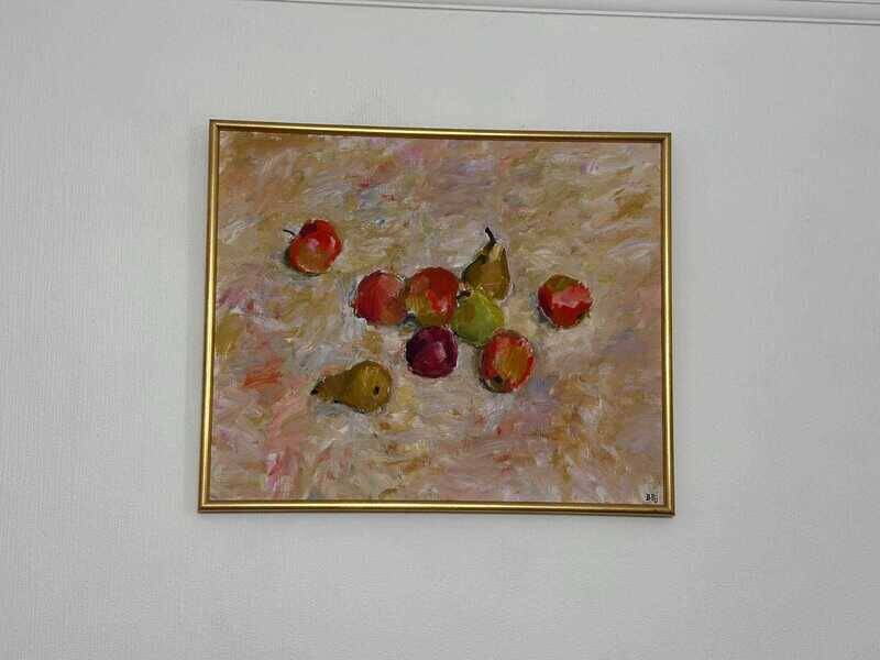 Original Swedish oil on canvas – “Frukt” by Bente Bjerregaard – dated 1989 – vintage & framed 59 × 70 cm