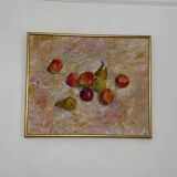 Original Swedish oil on canvas – “Frukt” by Bente Bjerregaard – dated 1989 – vintage & framed 59 × 70 cm