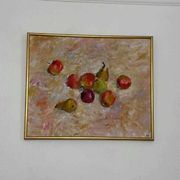 Original Swedish oil on canvas – “Frukt” by Bente Bjerregaard – dated 1989 – vintage & framed 59 × 70 cm