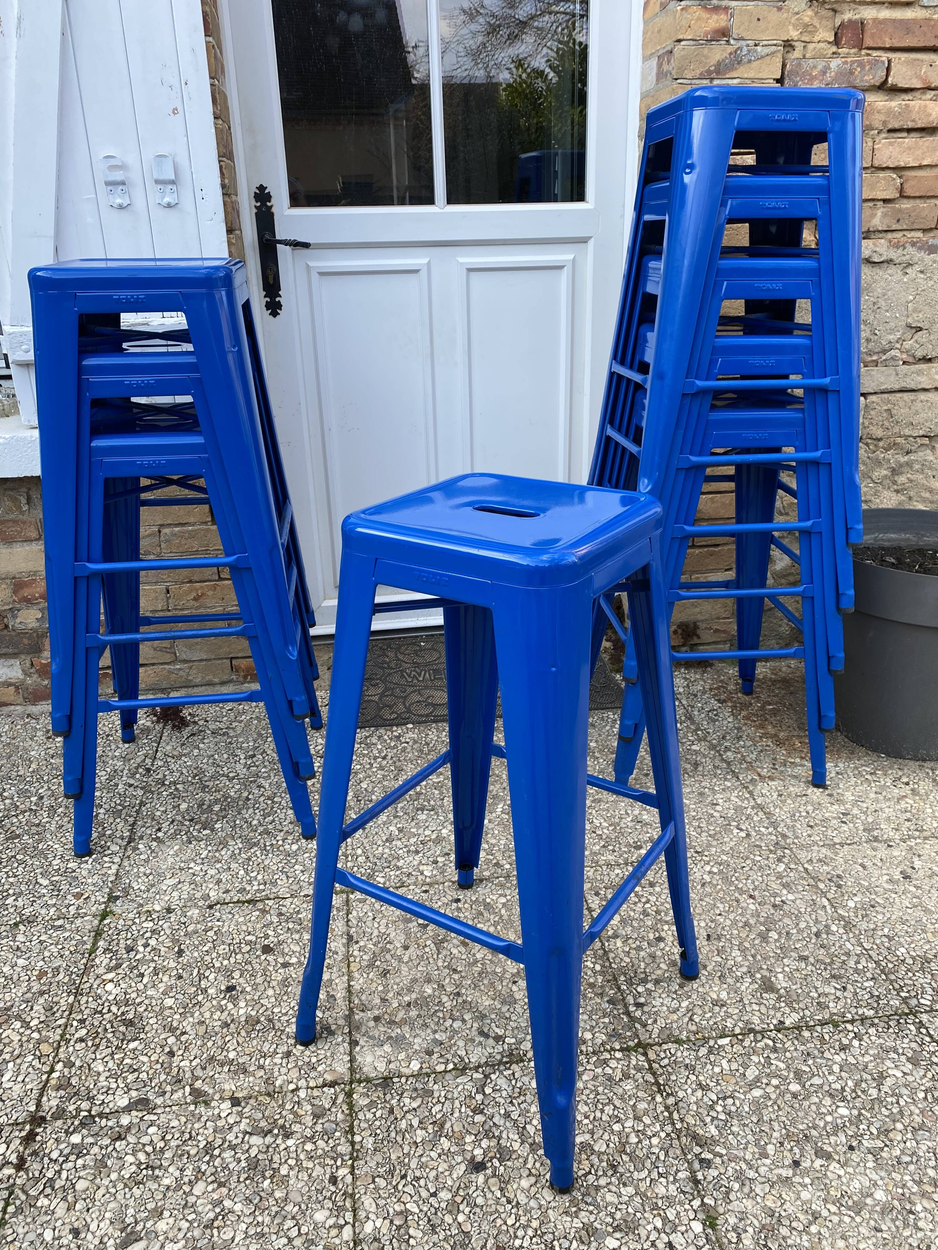 Genuine tolix h75 industrial metal bar stool, stackable, blue.