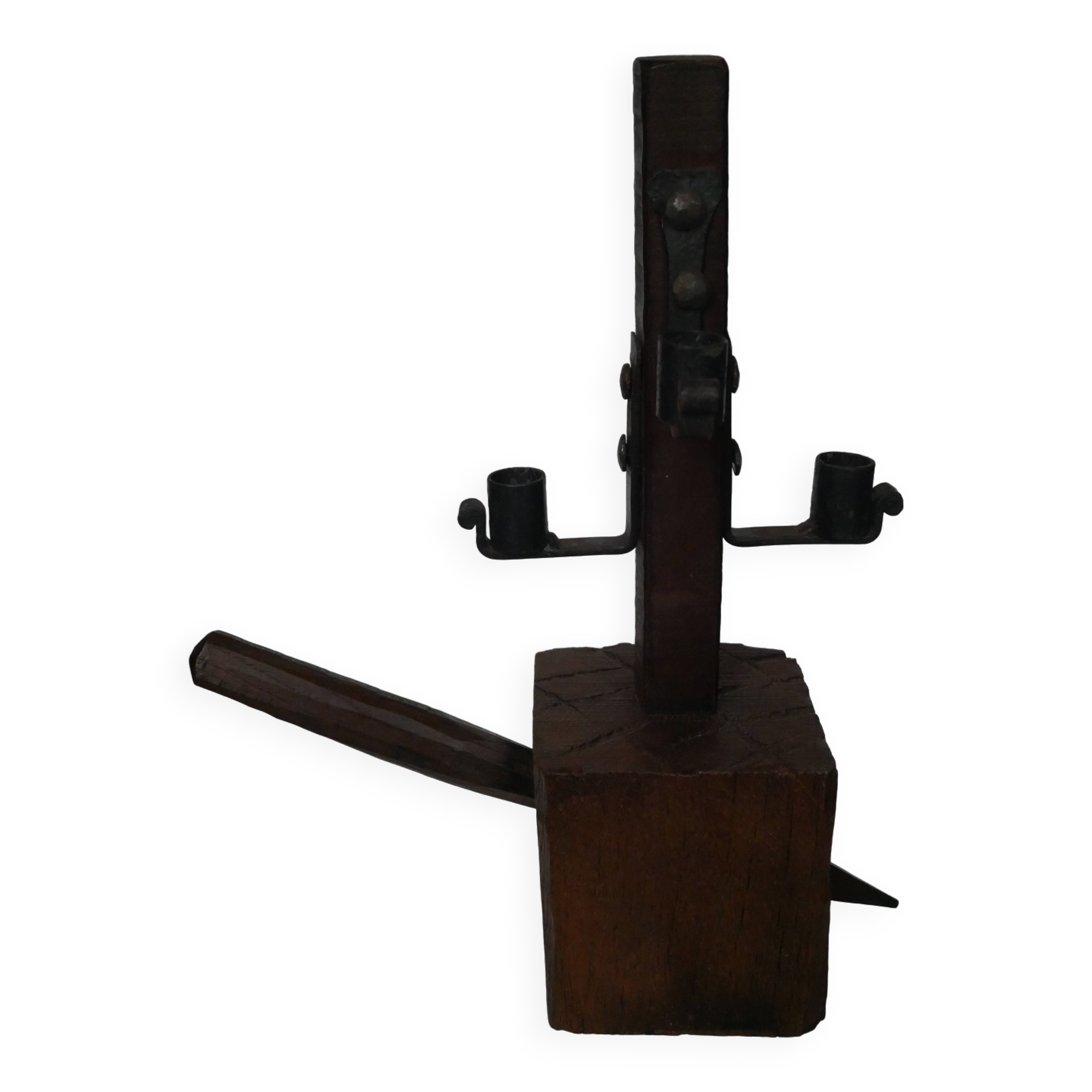 Candle holder wood wrought iron folk art decoration brutalist handmade countryside candlestick candelabra