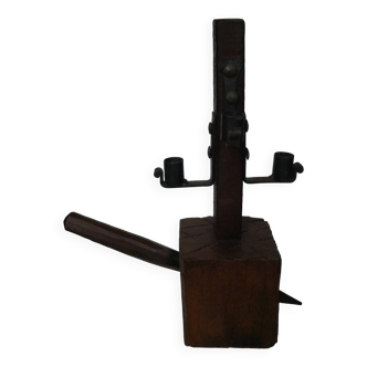 Candle holder wood wrought iron folk art decoration brutalist handmade countryside candlestick candelabra