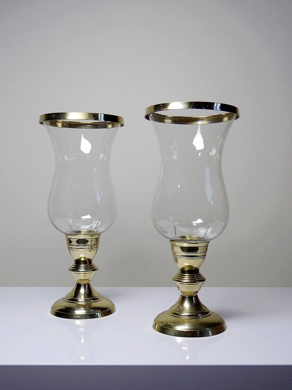 Pair of large vintage glass and gold metal tealight candle holders