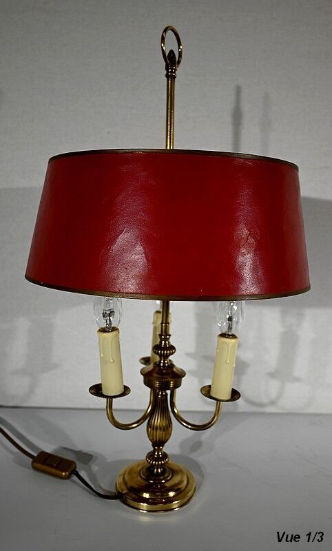 Brass bouillotte lamp with red lampshade, Louis XVI – XXth style