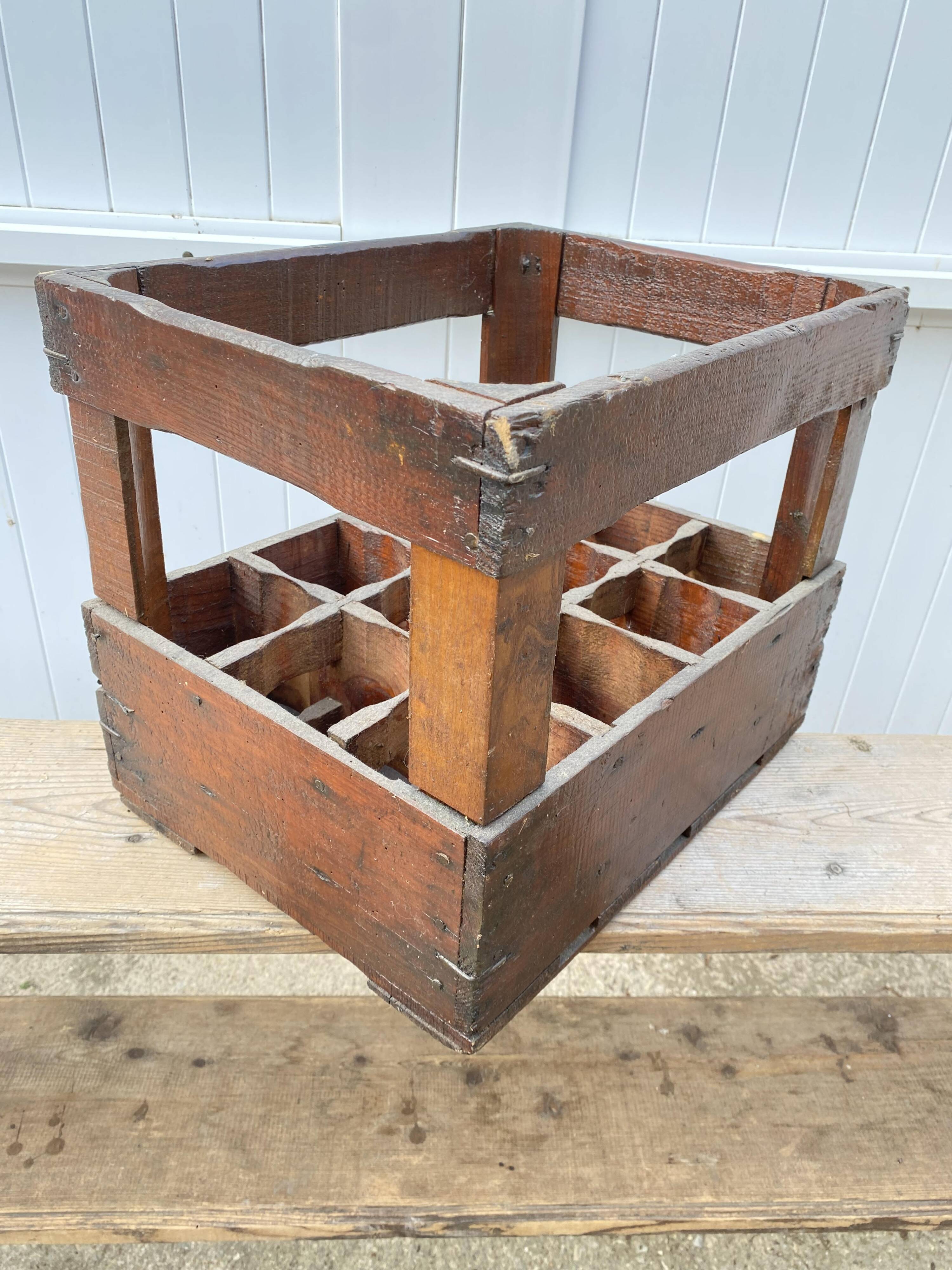 Authentic vintage 1970s wooden bottle holder crate