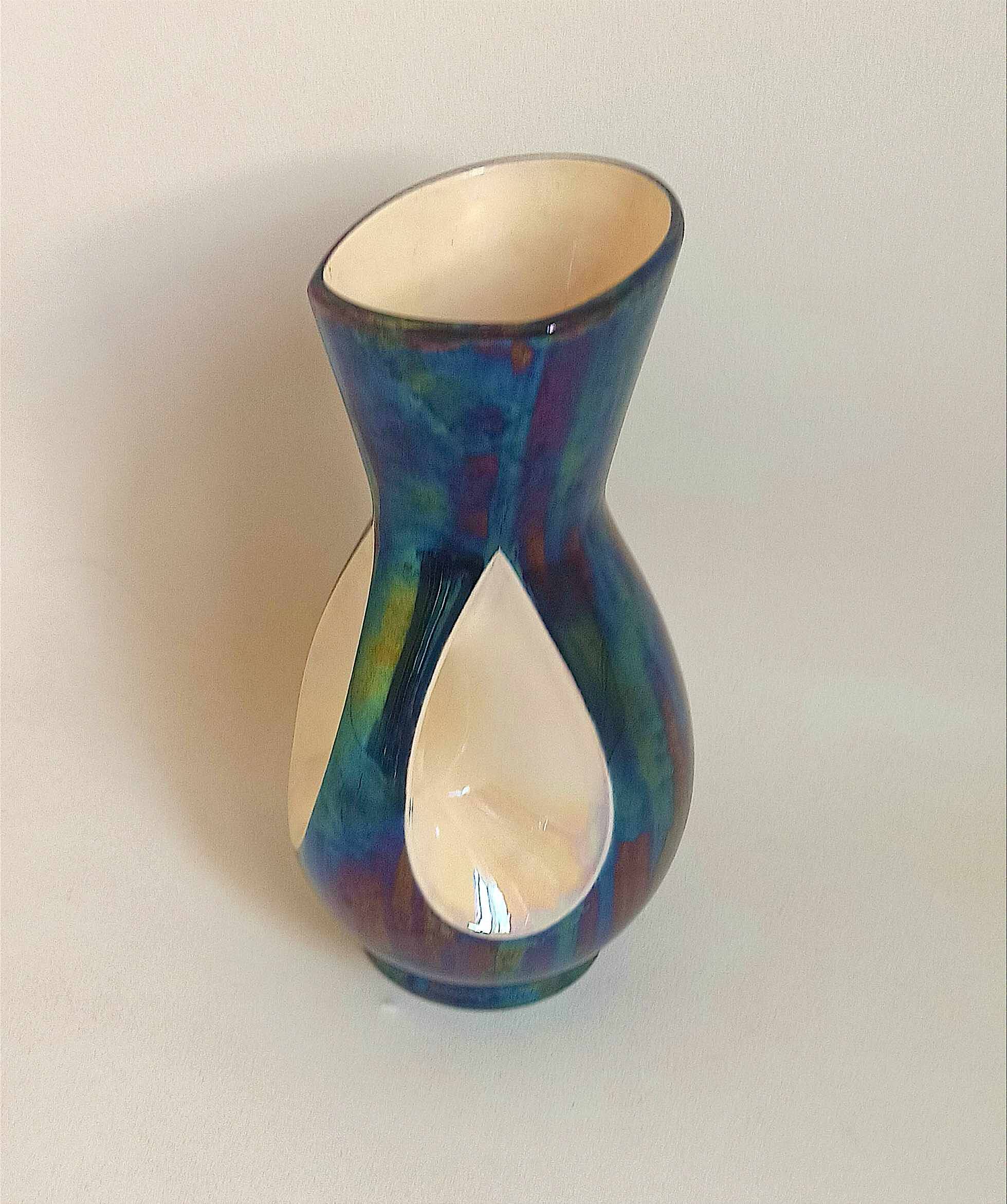 Verceram vase iridescent blue ceramic 60s Height 26,7 cm