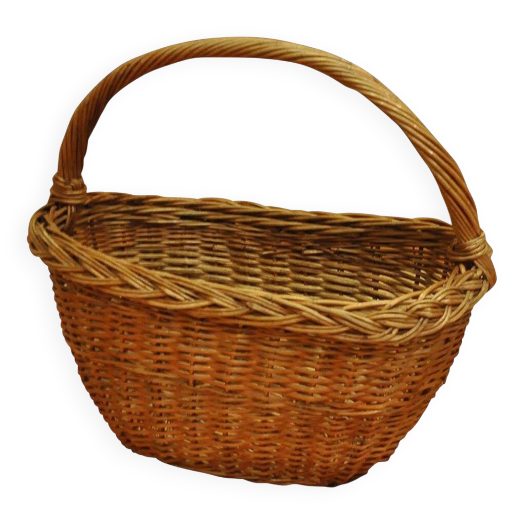 Panier vintage en osier marron des années 1950 avec anse torsadée et bordure tressée