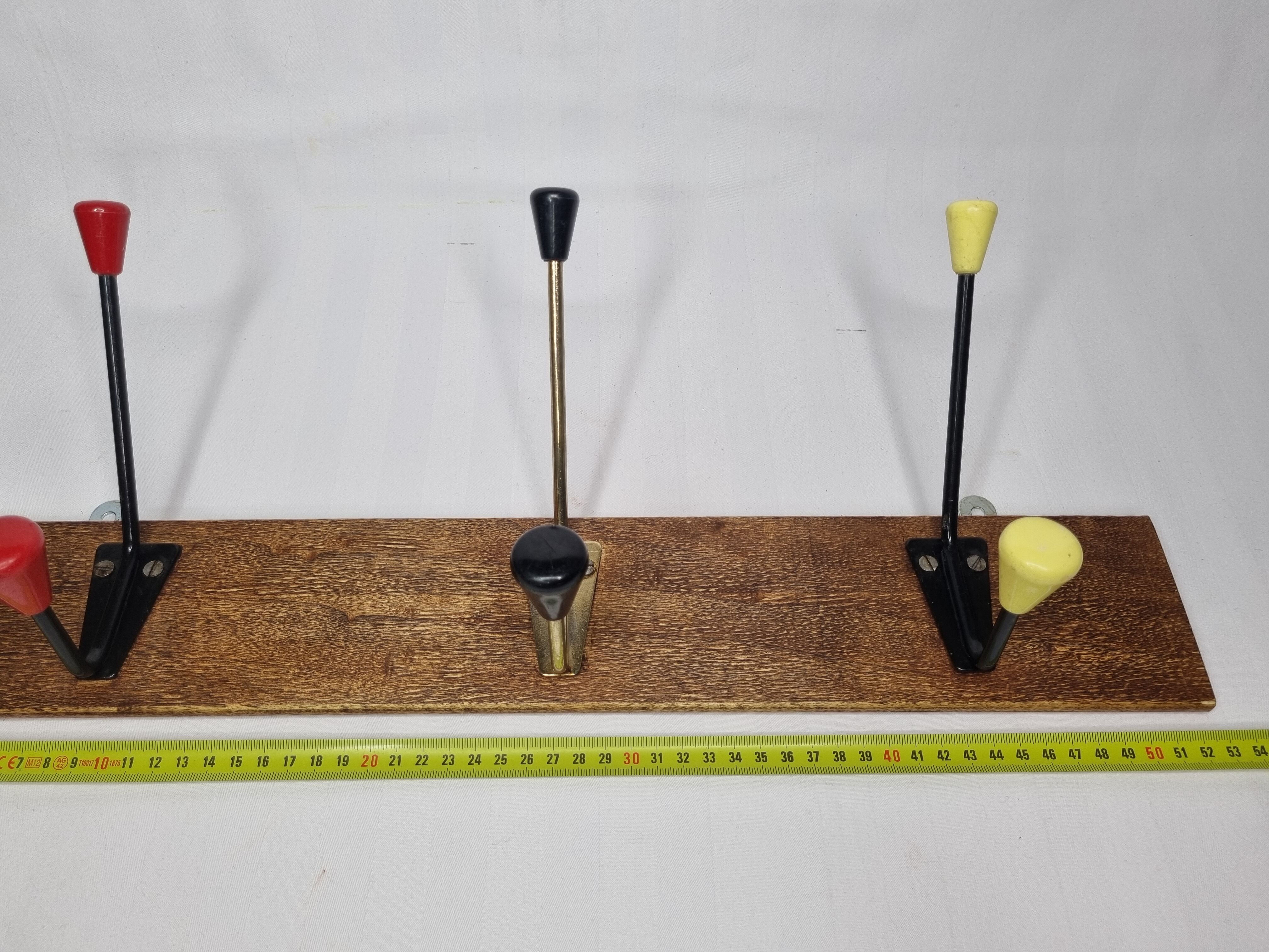 Vintage coat rack, three double tricolor hooks, 50-60s, 53 cm