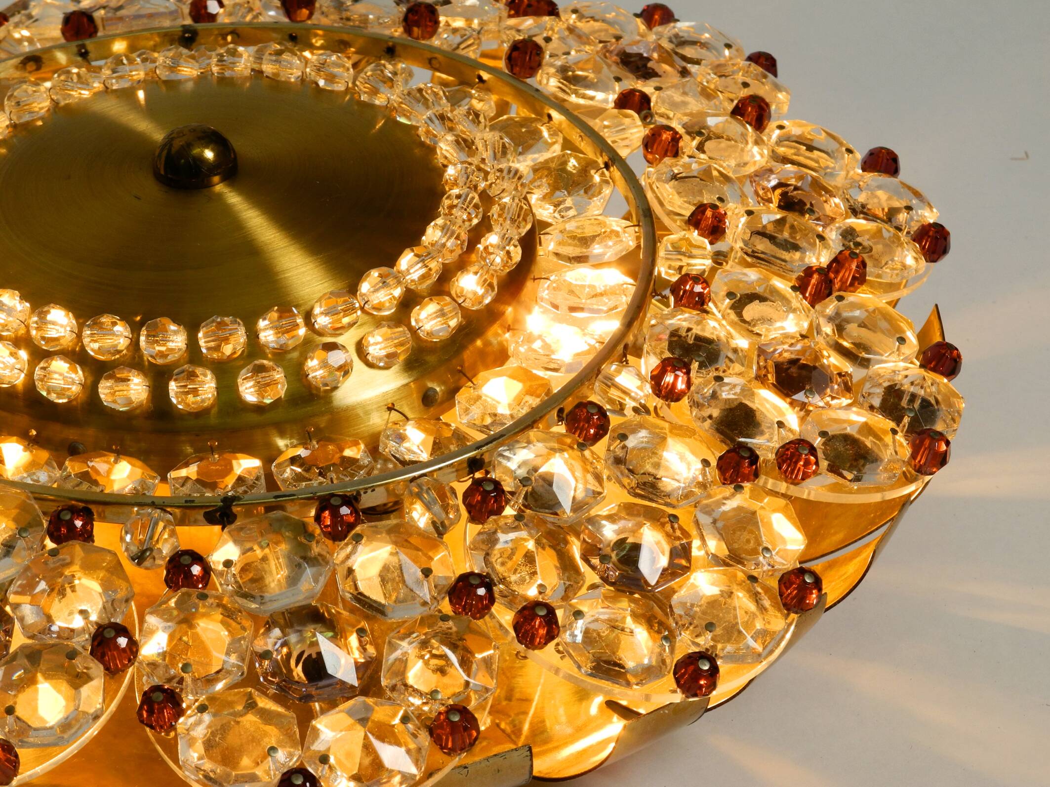 Mid Century Modern ceiling lamp made of glass stones and brass frame