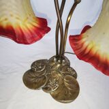 Brass water lily lamp and glass paste tulip, double, art nouveau style.