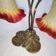 Brass water lily lamp and glass paste tulip, double, art nouveau style.