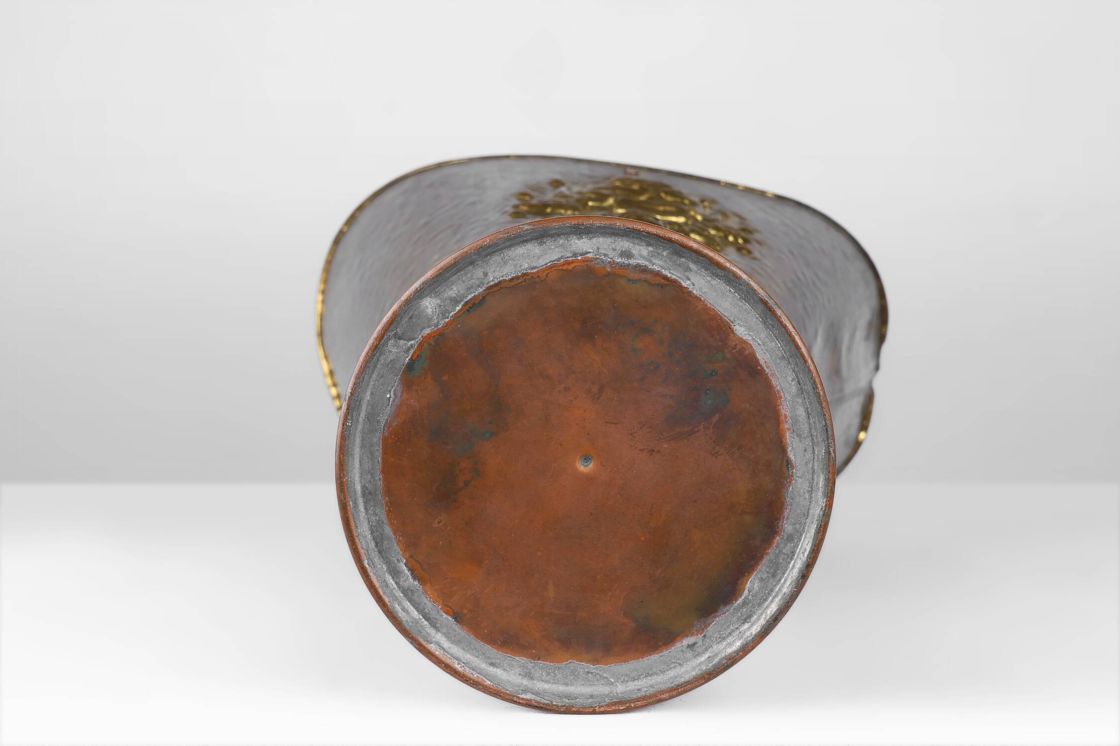 French vintage rustic brass and copper base umbrella stand with embossed decoration