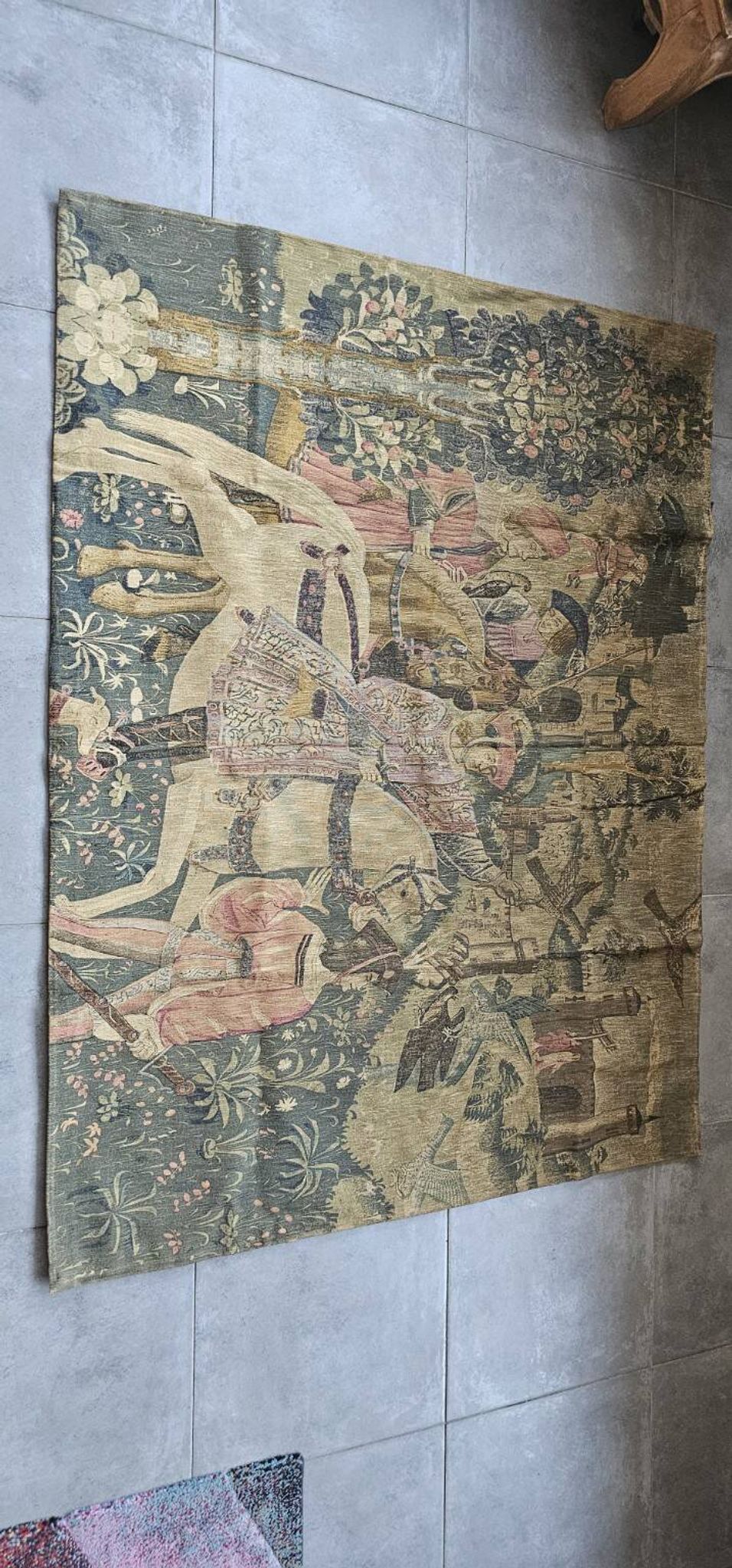 Large antique wall tapestry – medieval equestrian scene – 180 × 138 cm