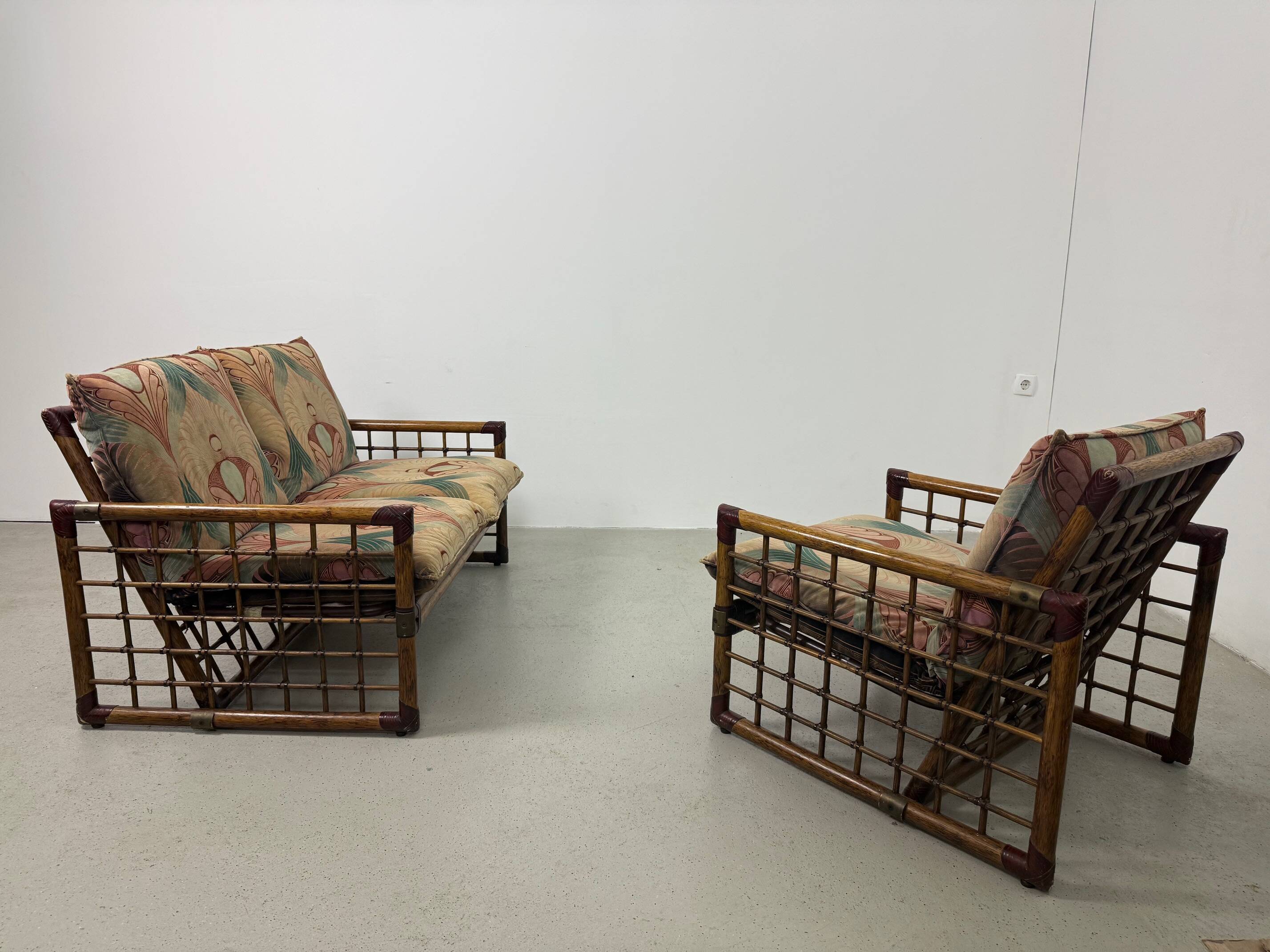 Chaise longue italienne des années 1970 en bambou, rotin, laiton et tissu style Liberty