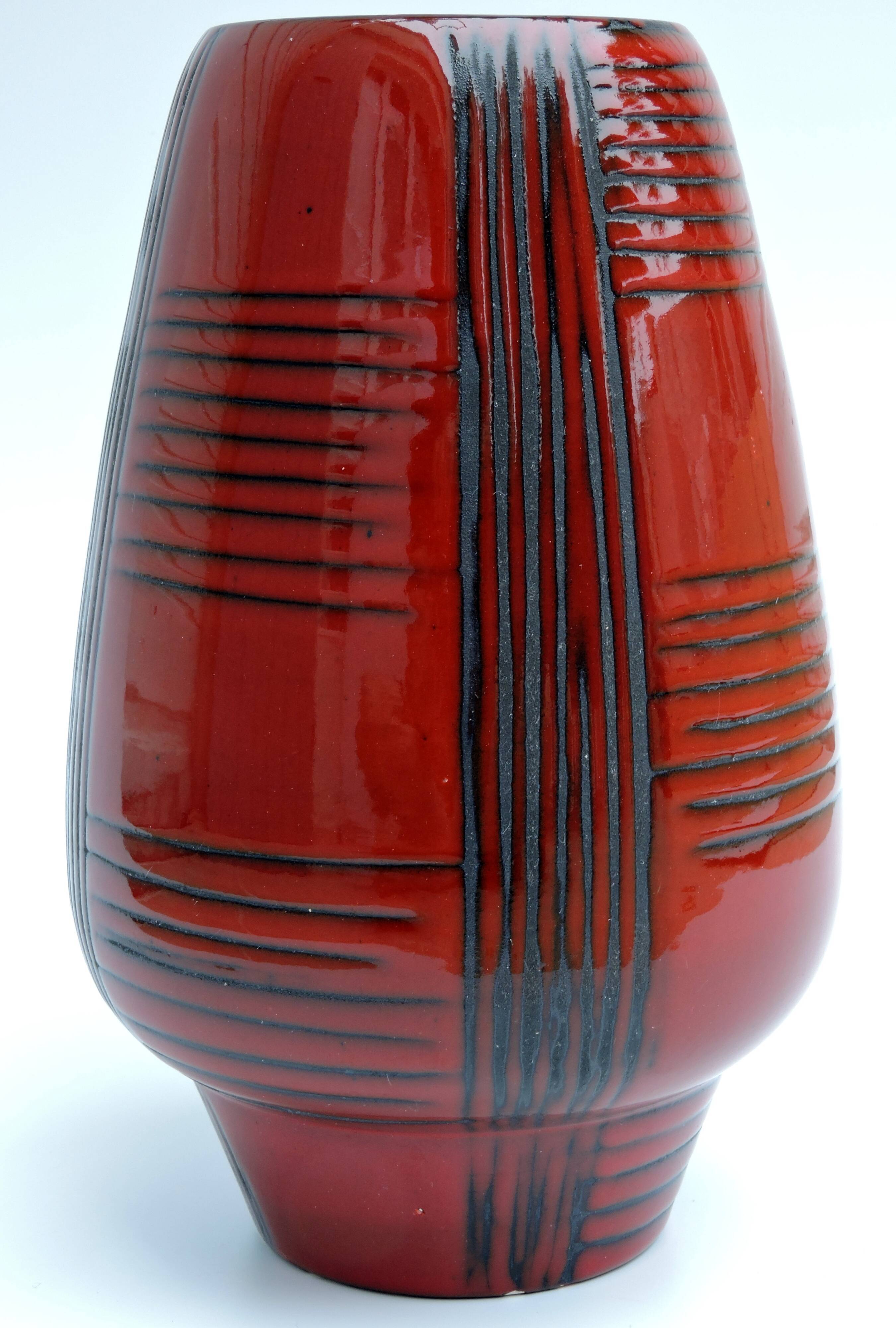 Vintage red ceramic vase scarified decoration elchinger 50' signed