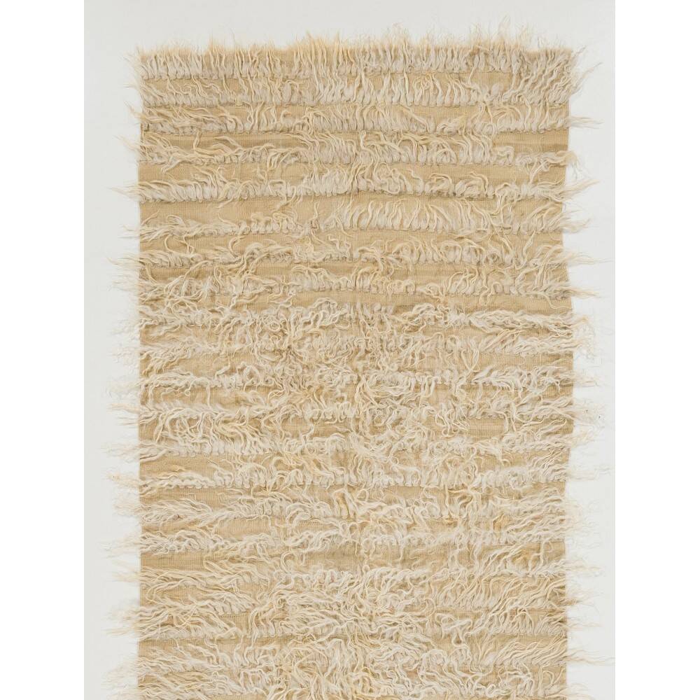 Minimalist Vintage Handknotted Ivory Tulu Runner Rug, 100% Undyed Mohair Wool