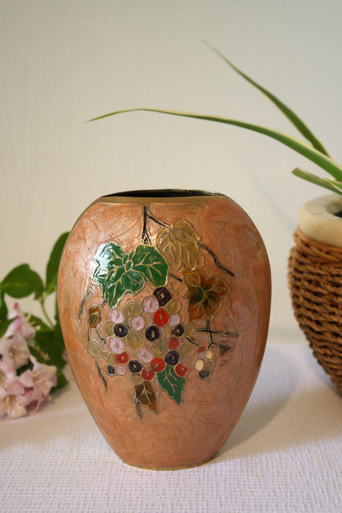Vintage enamelled polychrome brass vase