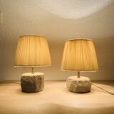 Pair of brutalist lamps in pink stoneware and wool lampshade, 1970
