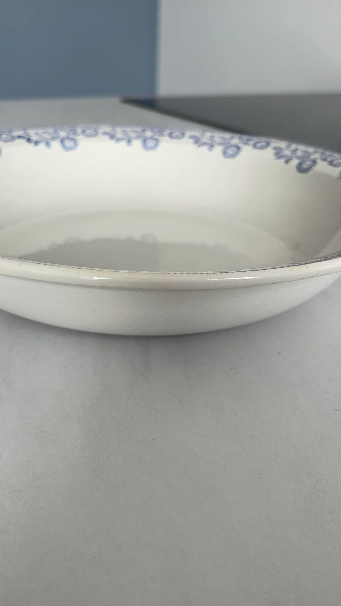 Large round salad bowl, antique blue St-Amandinoise ironstone plate.