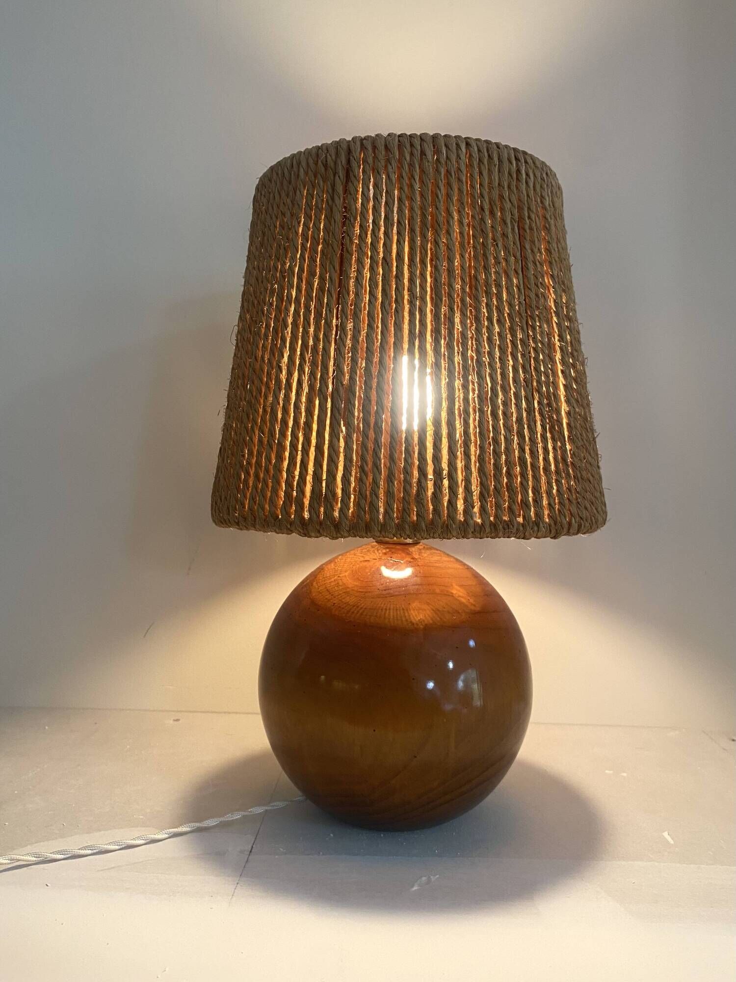 Wooden lamp, new braided fabric cable, cord lampshade, 1960s.