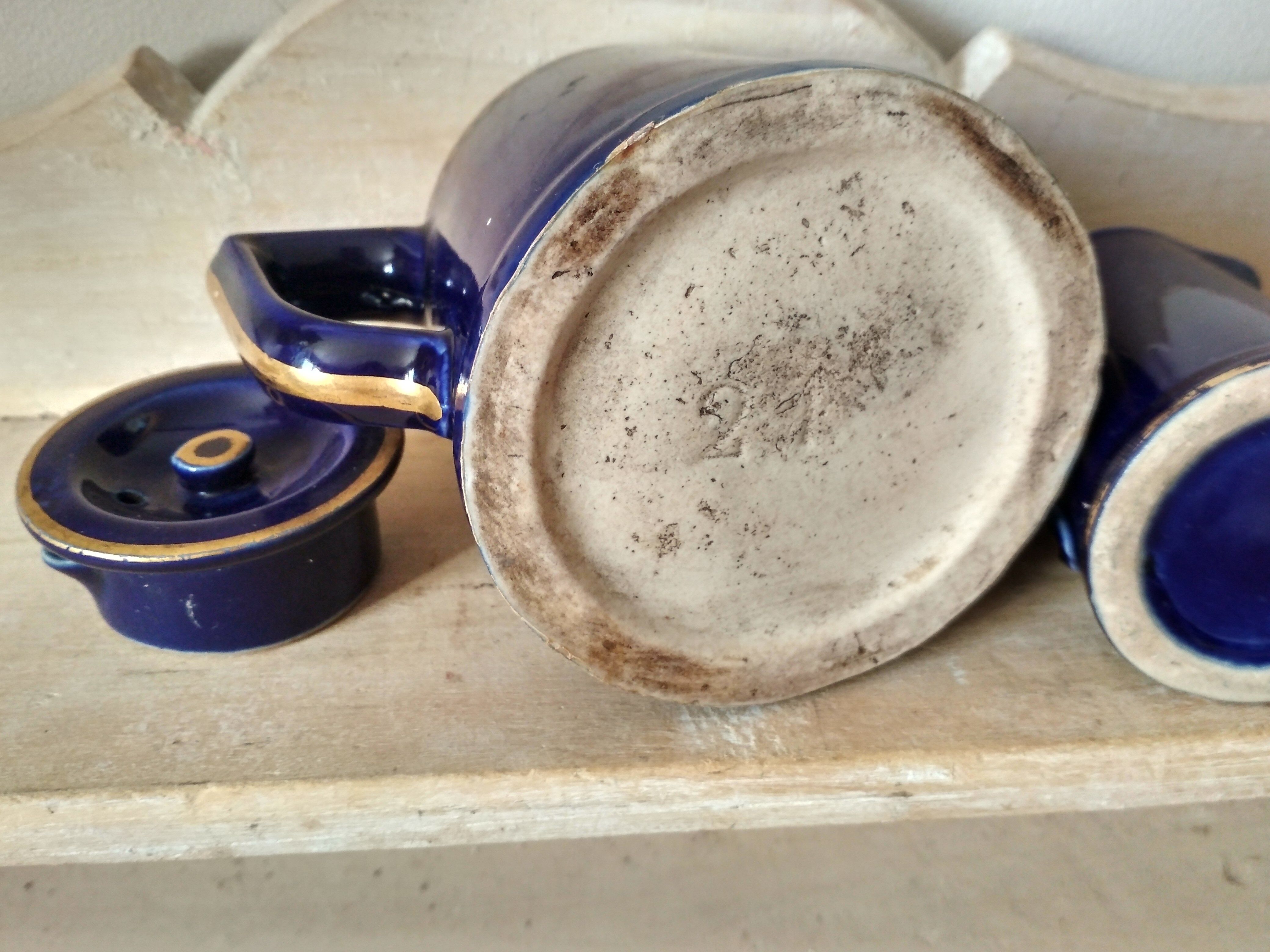Small blue and gold teapot - milk pitcher - cobalt blue earthenware 1930