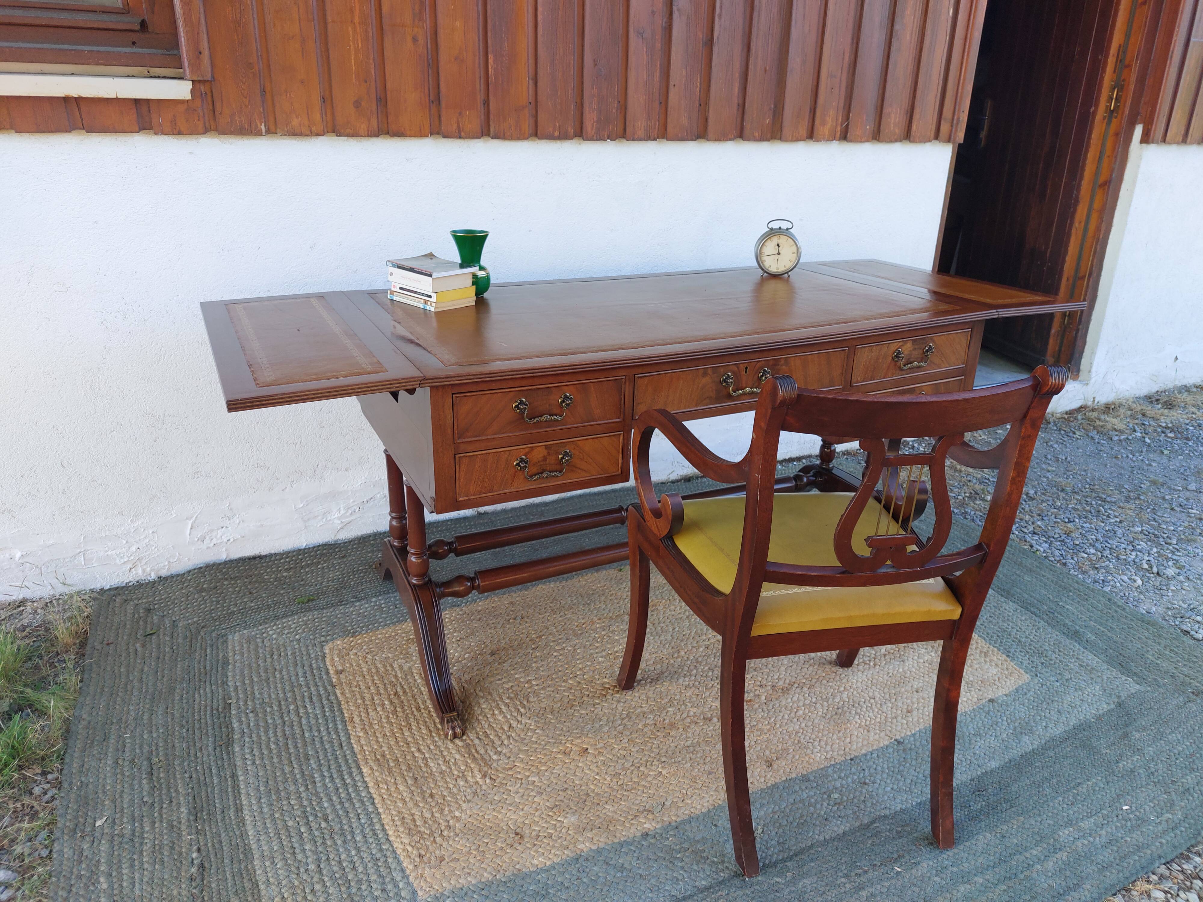 English desk and lyre chair, leather, extensions.