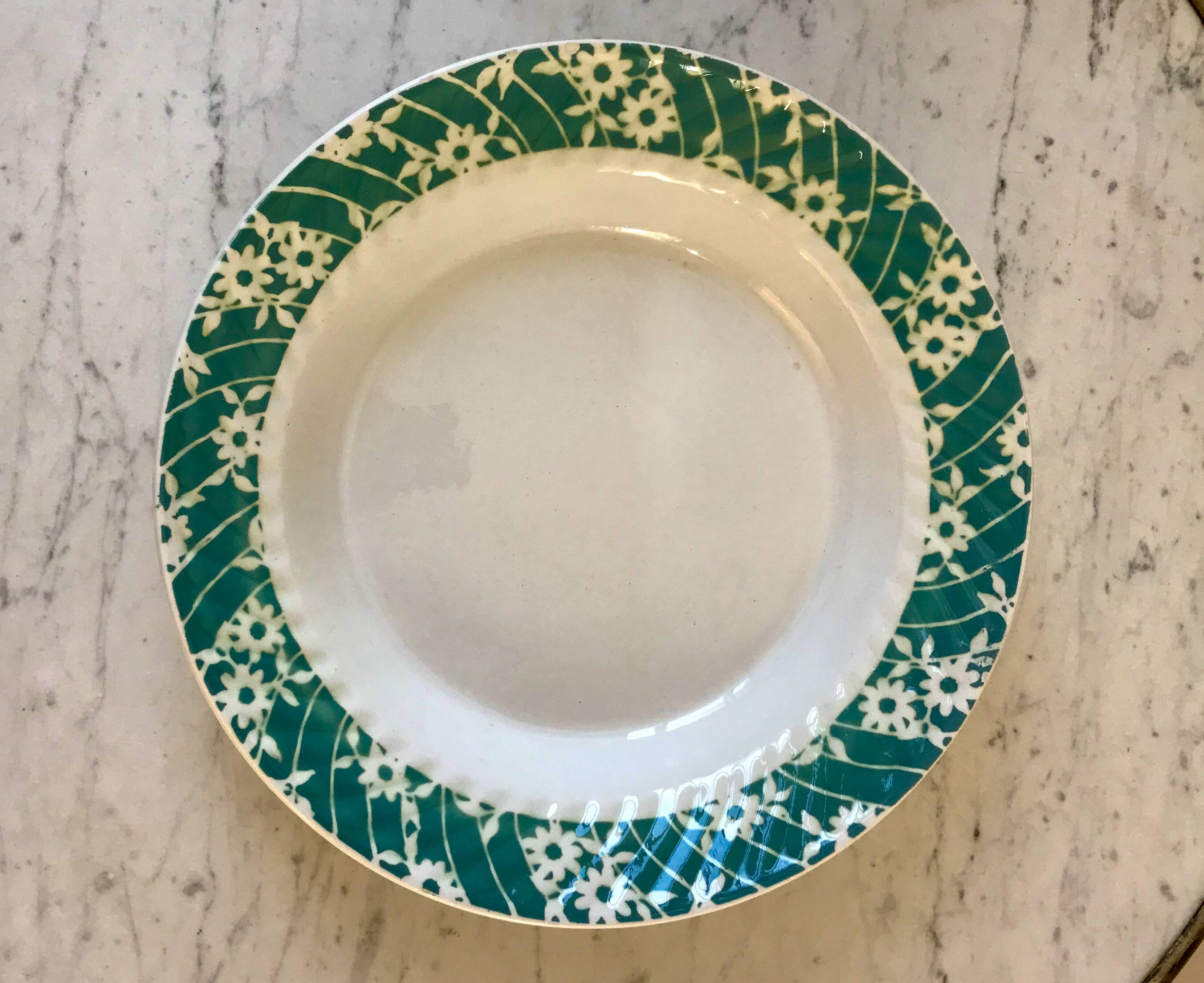 St Amand hollow dish textured white flowers on a green background, 1950s