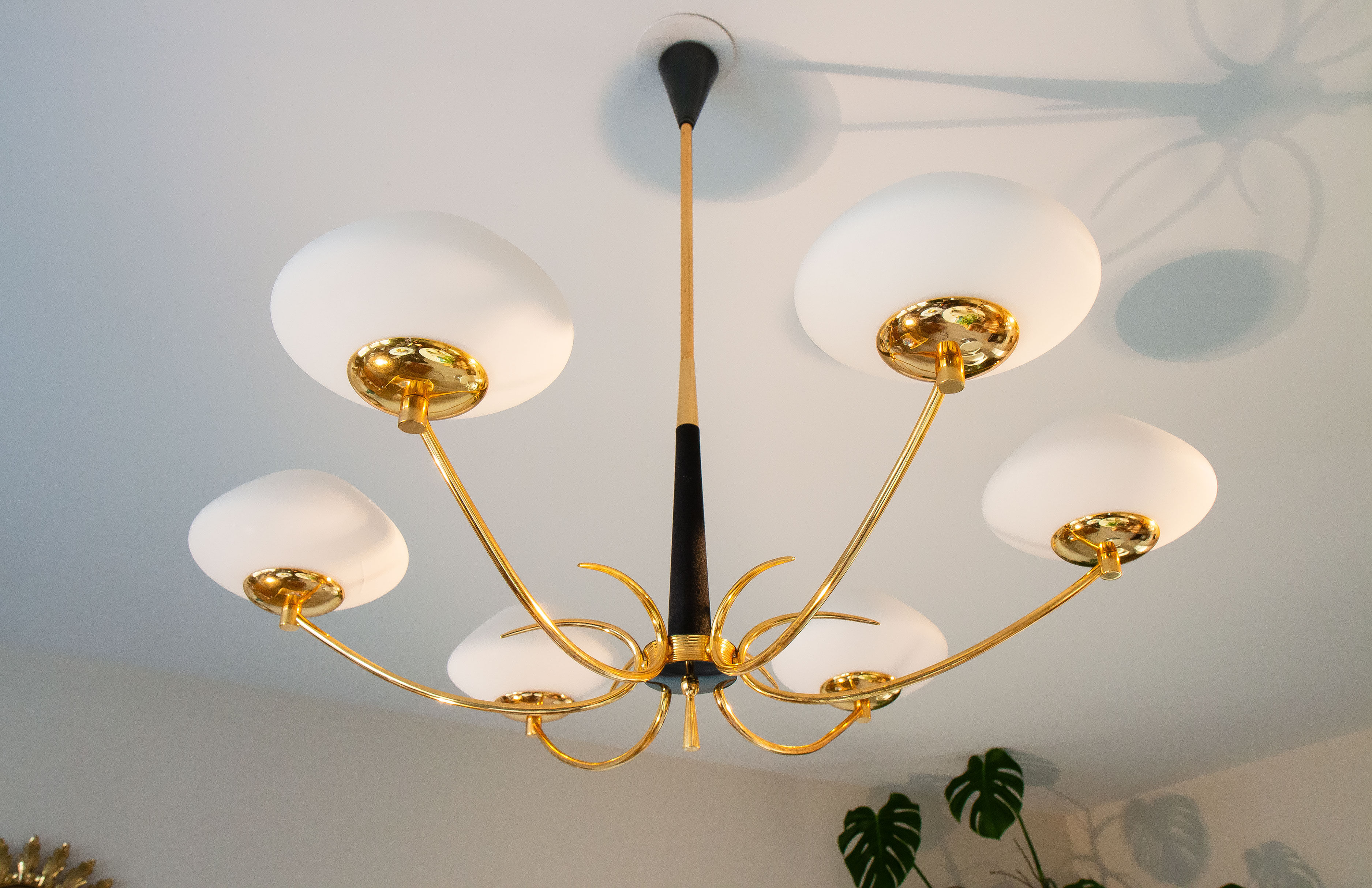 Pendant light in brass and opaline 50s