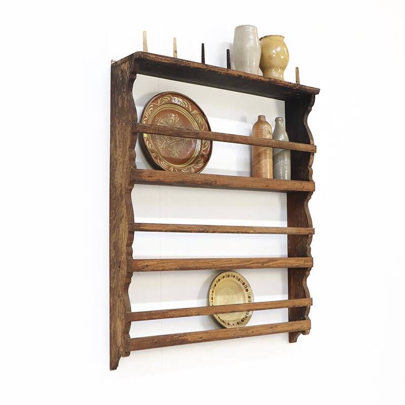 Antique Rustic Farmhouse Folk Art Kitchen Plate Rack / Schelves