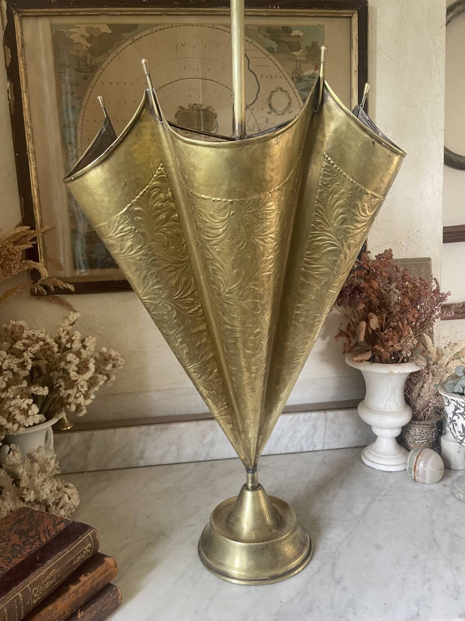 Antique repoussé brass umbrella stand