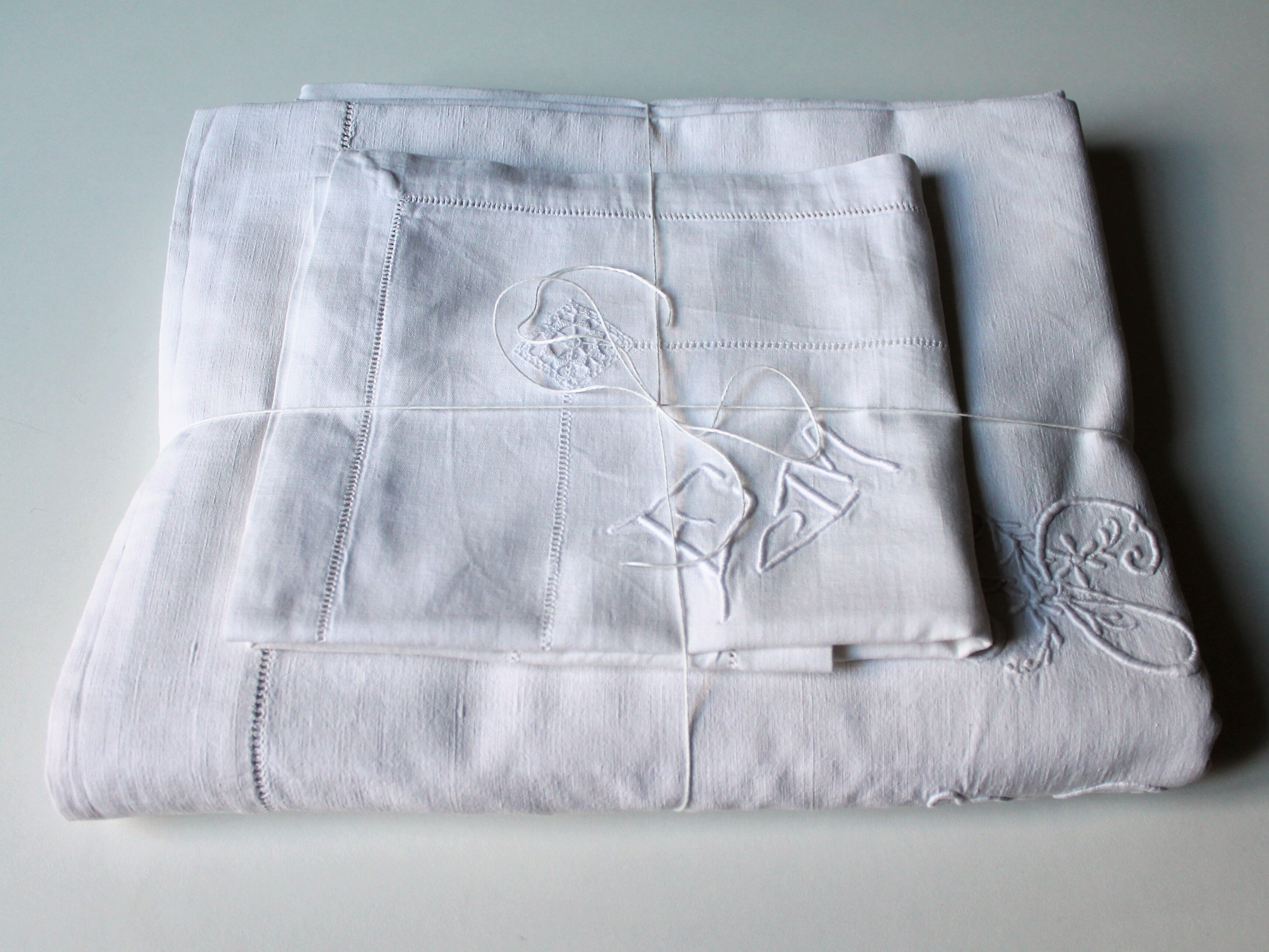 SHEET & PILLOW CASE PILLOW OLD LINEN EMBROIDER HAND