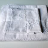 Drap & taie oreiller anciens en lin brodés main