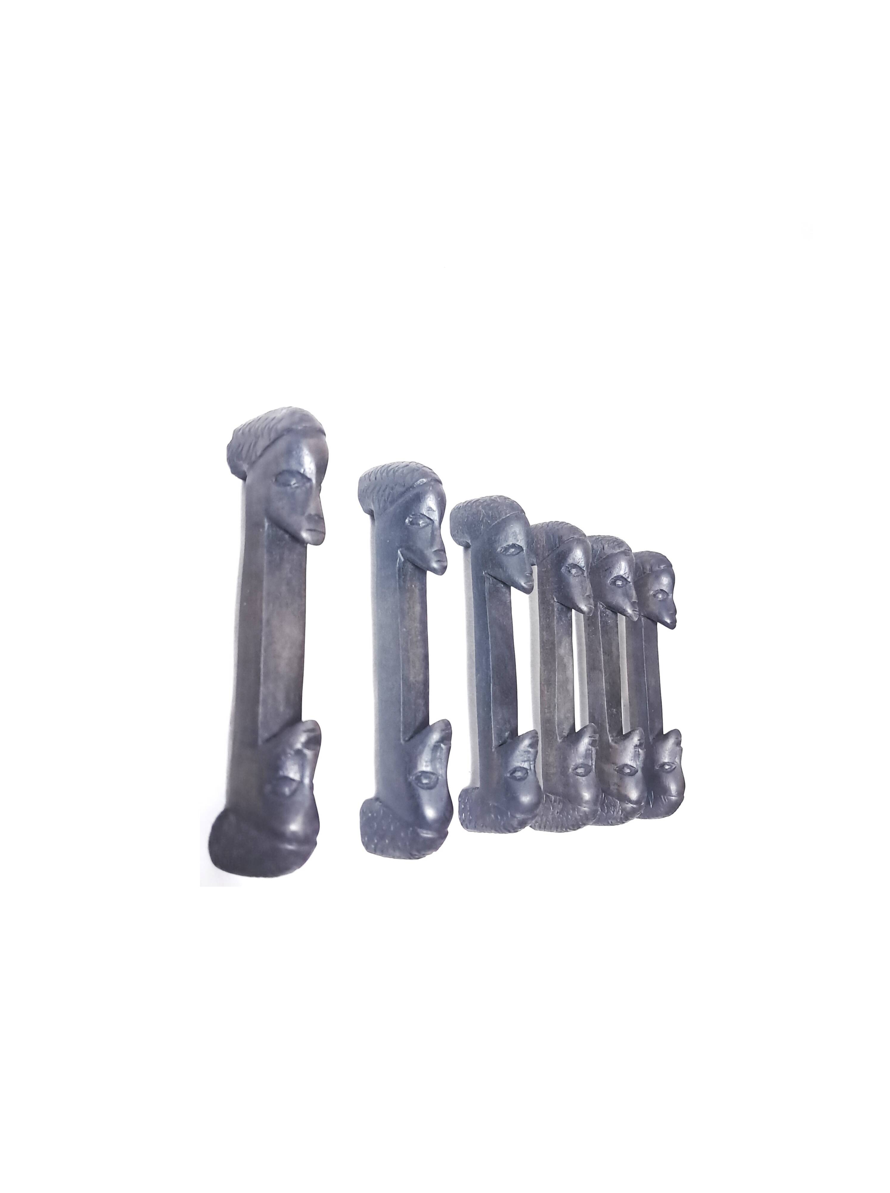 Set of six african cutlery holders carved in blackened wood