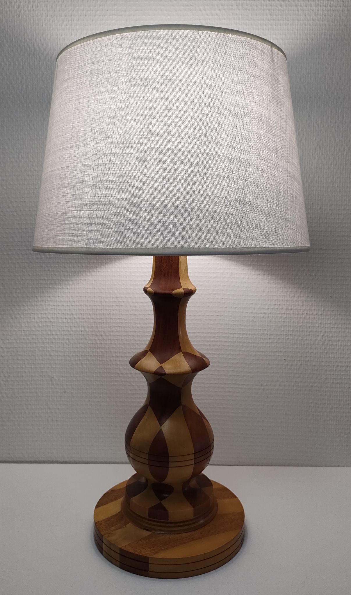 Turned wooden lamp and vintage wood inlay