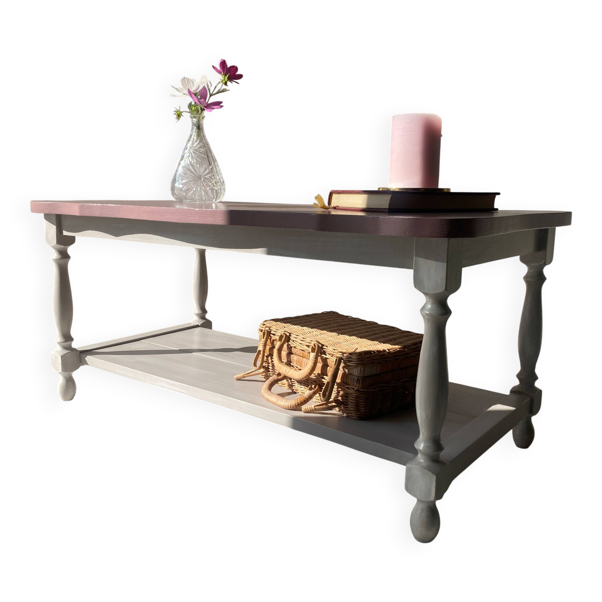 Table basse vintage rustique - rose et doré