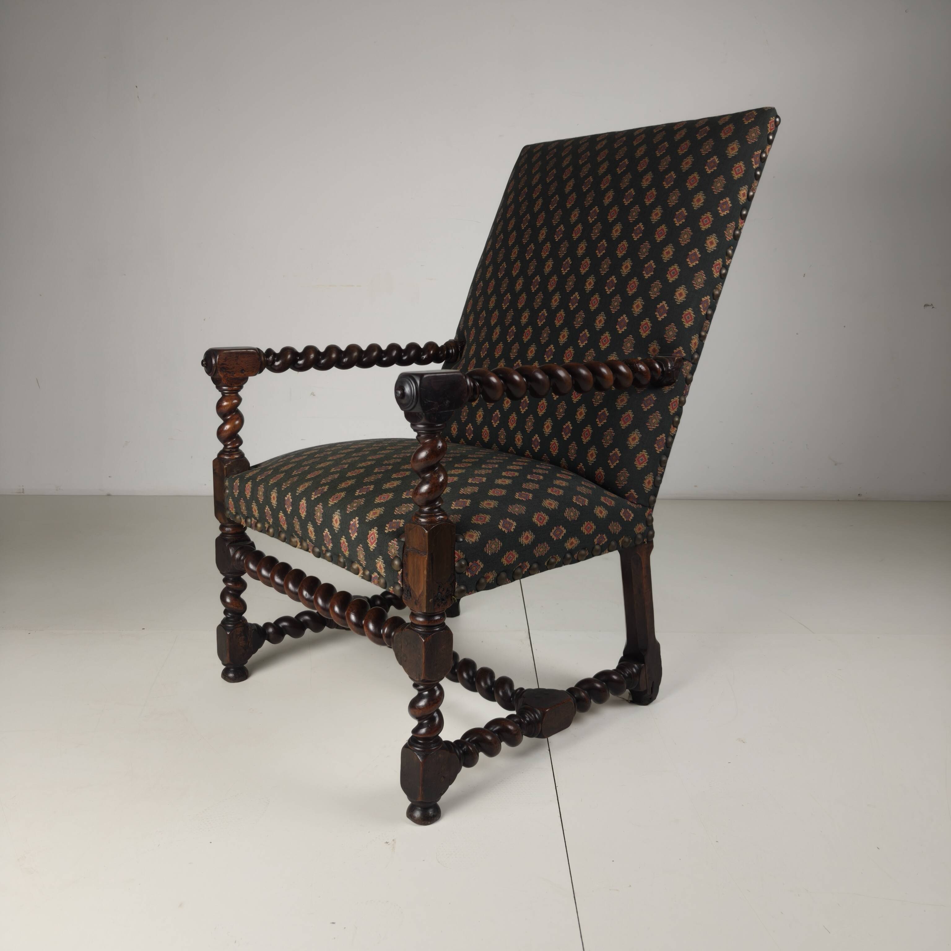 English Barley Twist Library Armchair in Dark Oak, circa 1700